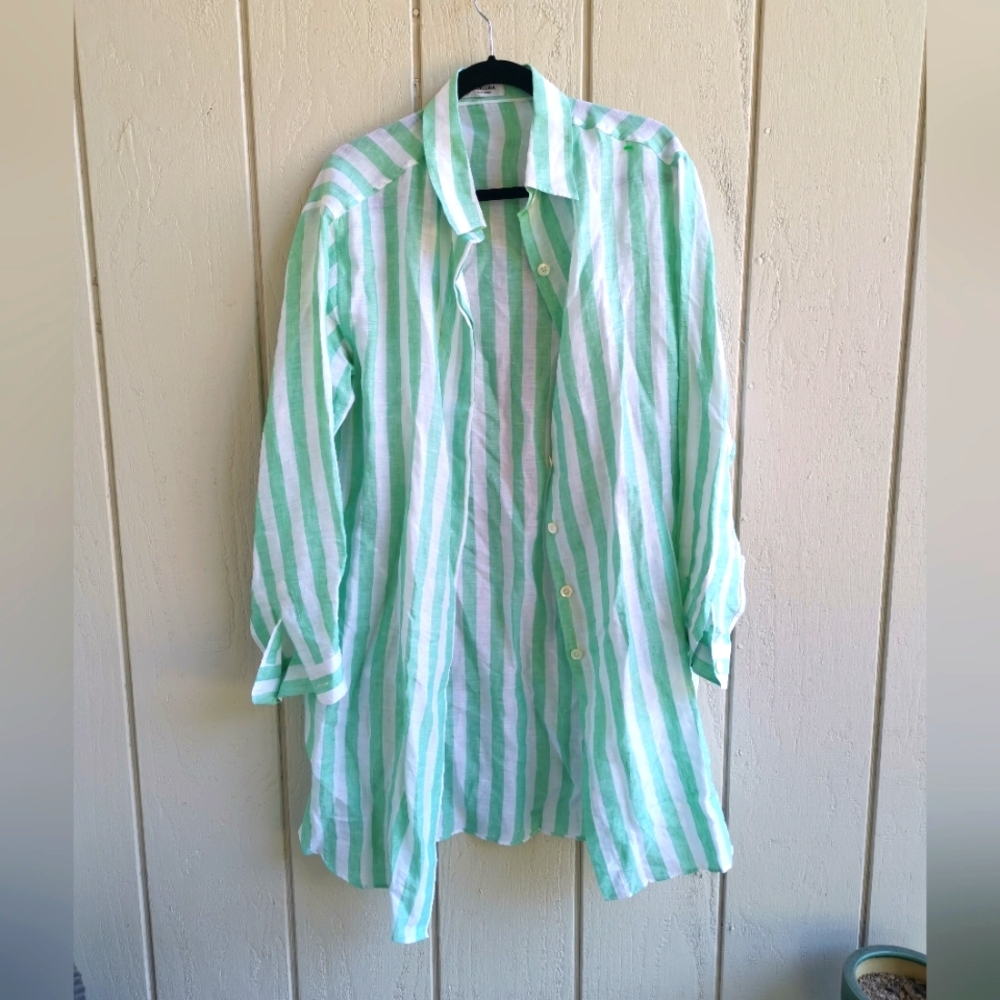 Green and white striped linen dress by L’ancora